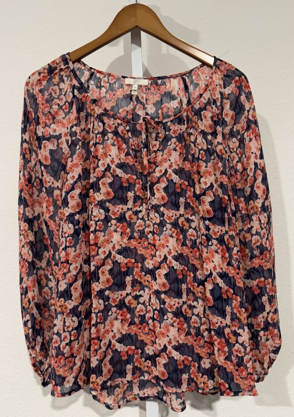 Joie Size M Rochan Floral Print Tie Keyhole Crew Neck Long Sleeve Silk Top